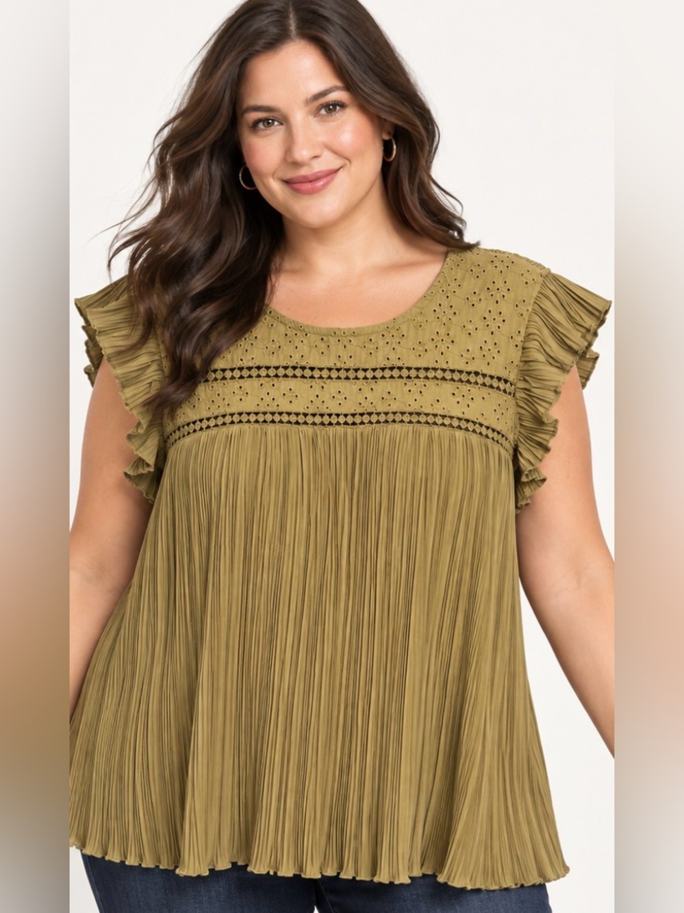 Indigo Olive Green Eyelet Pleated Flutter Sleeve Tunic